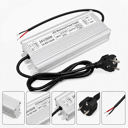 24V Outdoor Waterproof LED Power Supply 200W–500W, 175–265V Input, Single/Dual Wire Output, Aluminum Housing, Landscape & Outdoor Lighting, CE/RoHS/FCC Certified, Waterproof Transformer for Outdoor Lighting, UK/EU Plug