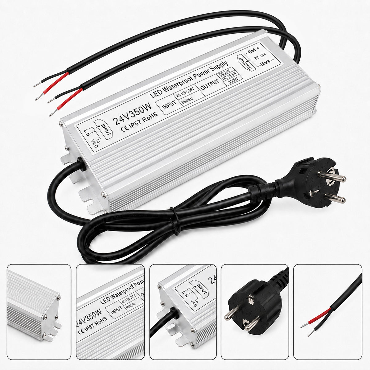 24V Outdoor Waterproof LED Power Supply 200W–500W, 175–265V Input, Single/Dual Wire Output, Aluminum Housing, Landscape & Outdoor Lighting, CE/RoHS/FCC Certified, Waterproof Transformer for Outdoor Lighting, UK/EU Plug