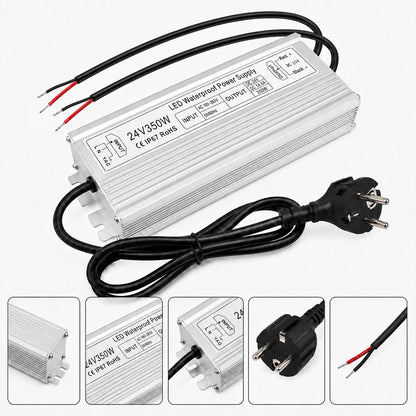 24V Outdoor Waterproof LED Power Supply 200W–500W, 175–265V Input, Single/Dual Wire Output, Aluminum Housing, Landscape & Outdoor Lighting, CE/RoHS/FCC Certified, Waterproof Transformer for Outdoor Lighting, UK/EU Plug