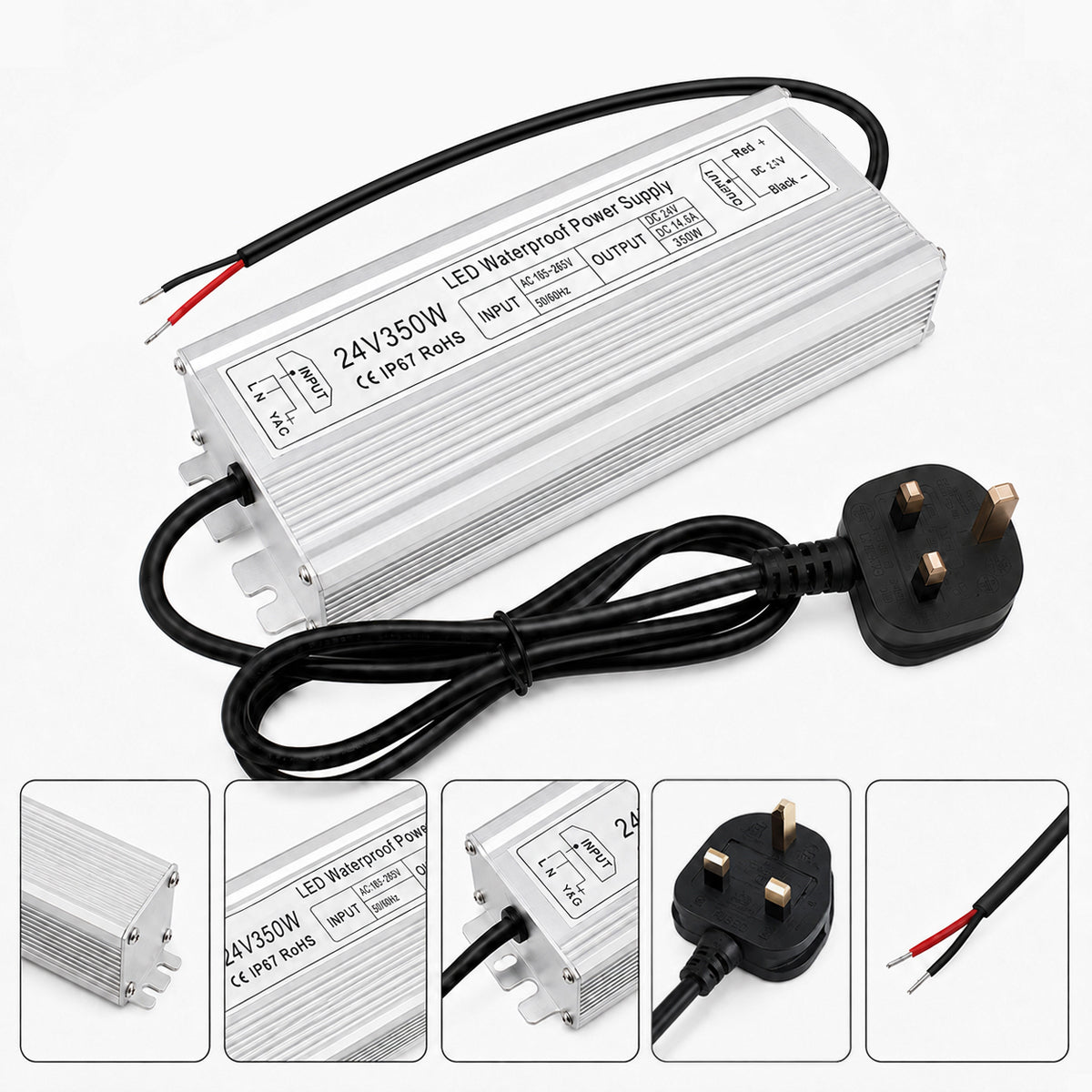 24V Outdoor Waterproof LED Power Supply 200W–500W, 175–265V Input, Single/Dual Wire Output, Aluminum Housing, Landscape & Outdoor Lighting, CE/RoHS/FCC Certified, Waterproof Transformer for Outdoor Lighting, UK/EU Plug