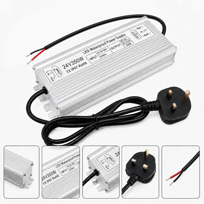 24V Outdoor Waterproof LED Power Supply 200W–500W, 175–265V Input, Single/Dual Wire Output, Aluminum Housing, Landscape & Outdoor Lighting, CE/RoHS/FCC Certified, Waterproof Transformer for Outdoor Lighting, UK/EU Plug