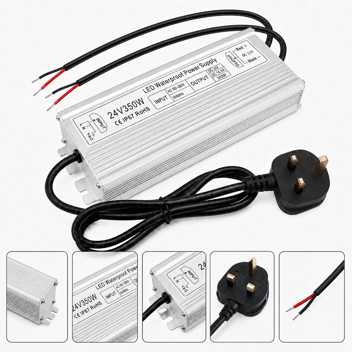 24V Outdoor Waterproof LED Power Supply 200W–500W, 175–265V Input, Single/Dual Wire Output, Aluminum Housing, Landscape & Outdoor Lighting, CE/RoHS/FCC Certified, Waterproof Transformer for Outdoor Lighting, UK/EU Plug