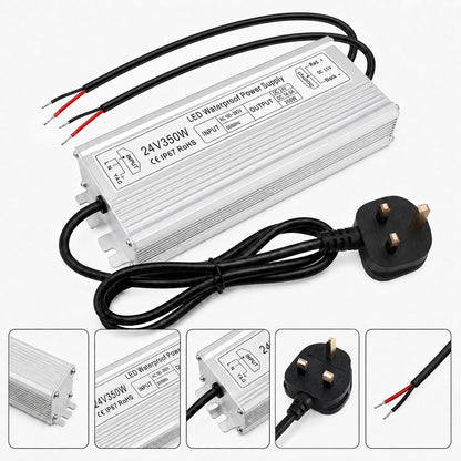 24V Outdoor Waterproof LED Power Supply 200W–500W, 175–265V Input, Single/Dual Wire Output, Aluminum Housing, Landscape & Outdoor Lighting, CE/RoHS/FCC Certified, Waterproof Transformer for Outdoor Lighting, UK/EU Plug