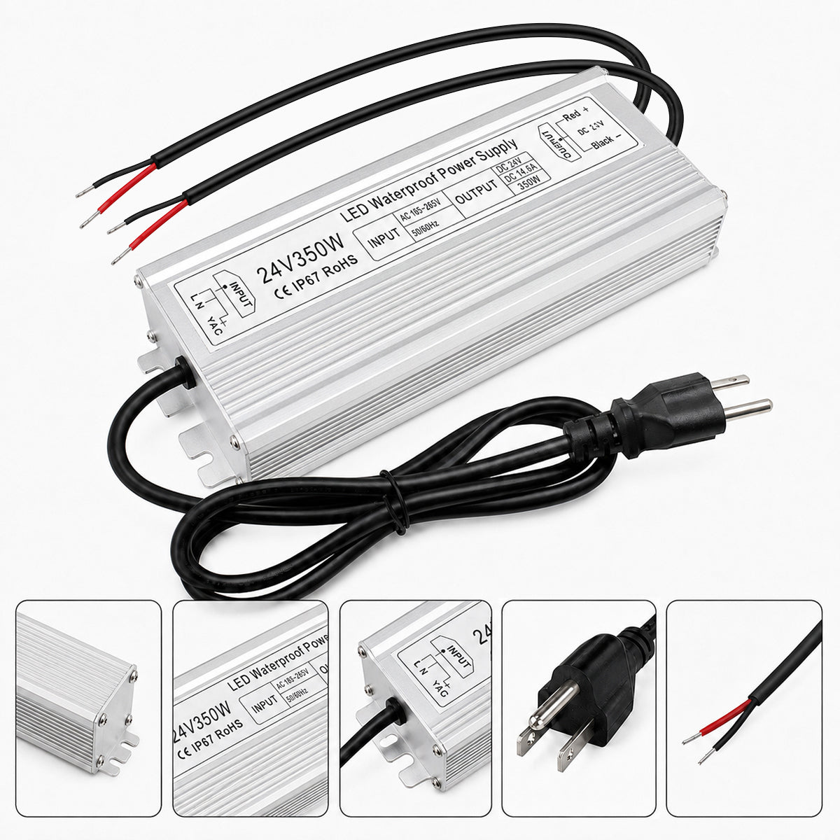 24V Outdoor Waterproof LED Power Supply 200W–500W, 90–140V Input, Single/Dual Wire Output, Aluminum Housing, Landscape & Outdoor Lighting, CE/RoHS/FCC Certified, Waterproof Transformer for Outdoor Lighting, US Plug