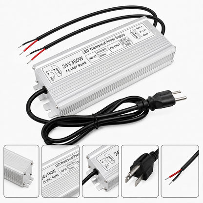 24V Outdoor Waterproof LED Power Supply 200W–500W, 90–140V Input, Single/Dual Wire Output, Aluminum Housing, Landscape & Outdoor Lighting, CE/RoHS/FCC Certified, Waterproof Transformer for Outdoor Lighting, US Plug