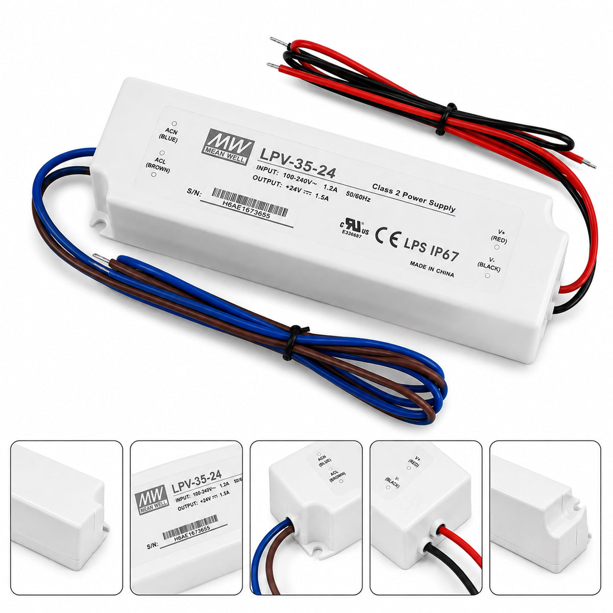 MEANWELL LPV Series 12V/24V Outdoor IP67 Waterproof Switching Power Supply, Plastic Housing, 35W–150W, AC90-264V Input, UL/CE Certified, Landscape Lighting
