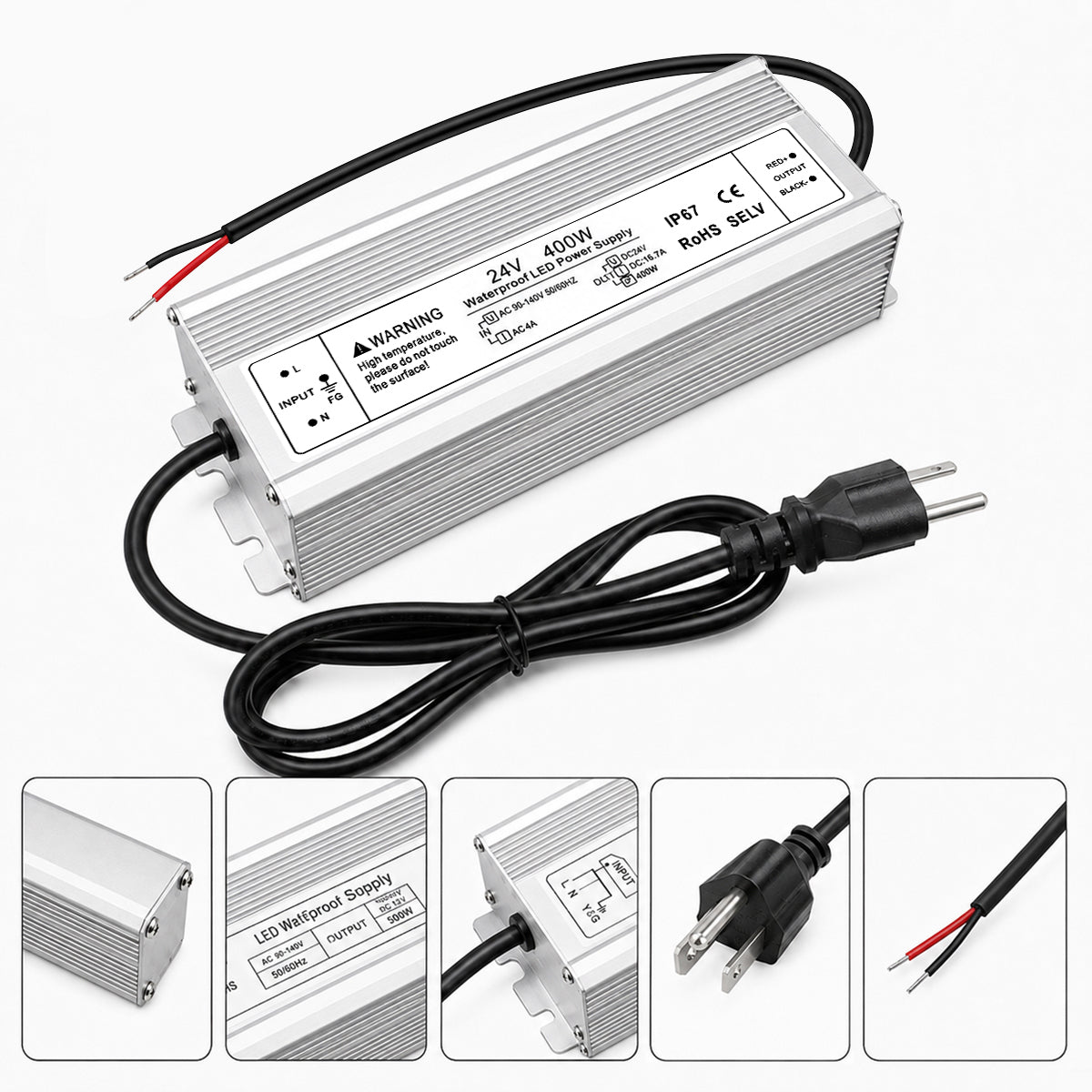 24V Outdoor Waterproof LED Power Supply 200W–500W, 90–140V Input, Single/Dual Wire Output, Aluminum Housing, Landscape & Outdoor Lighting, CE/RoHS/FCC Certified, Waterproof Transformer for Outdoor Lighting, US Plug