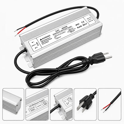 24V Outdoor Waterproof LED Power Supply 200W–500W, 90–140V Input, Single/Dual Wire Output, Aluminum Housing, Landscape & Outdoor Lighting, CE/RoHS/FCC Certified, Waterproof Transformer for Outdoor Lighting, US Plug