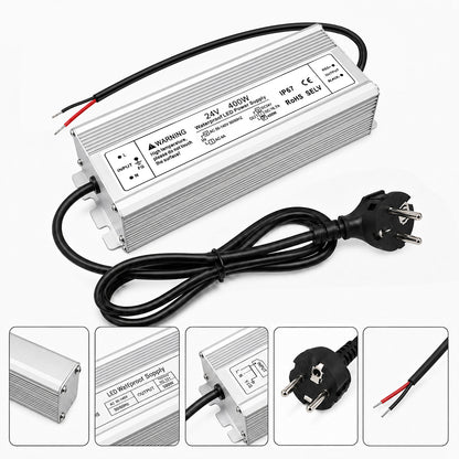 24V Outdoor Waterproof LED Power Supply 200W–500W, 175–265V Input, Single/Dual Wire Output, Aluminum Housing, Landscape & Outdoor Lighting, CE/RoHS/FCC Certified, Waterproof Transformer for Outdoor Lighting, UK/EU Plug