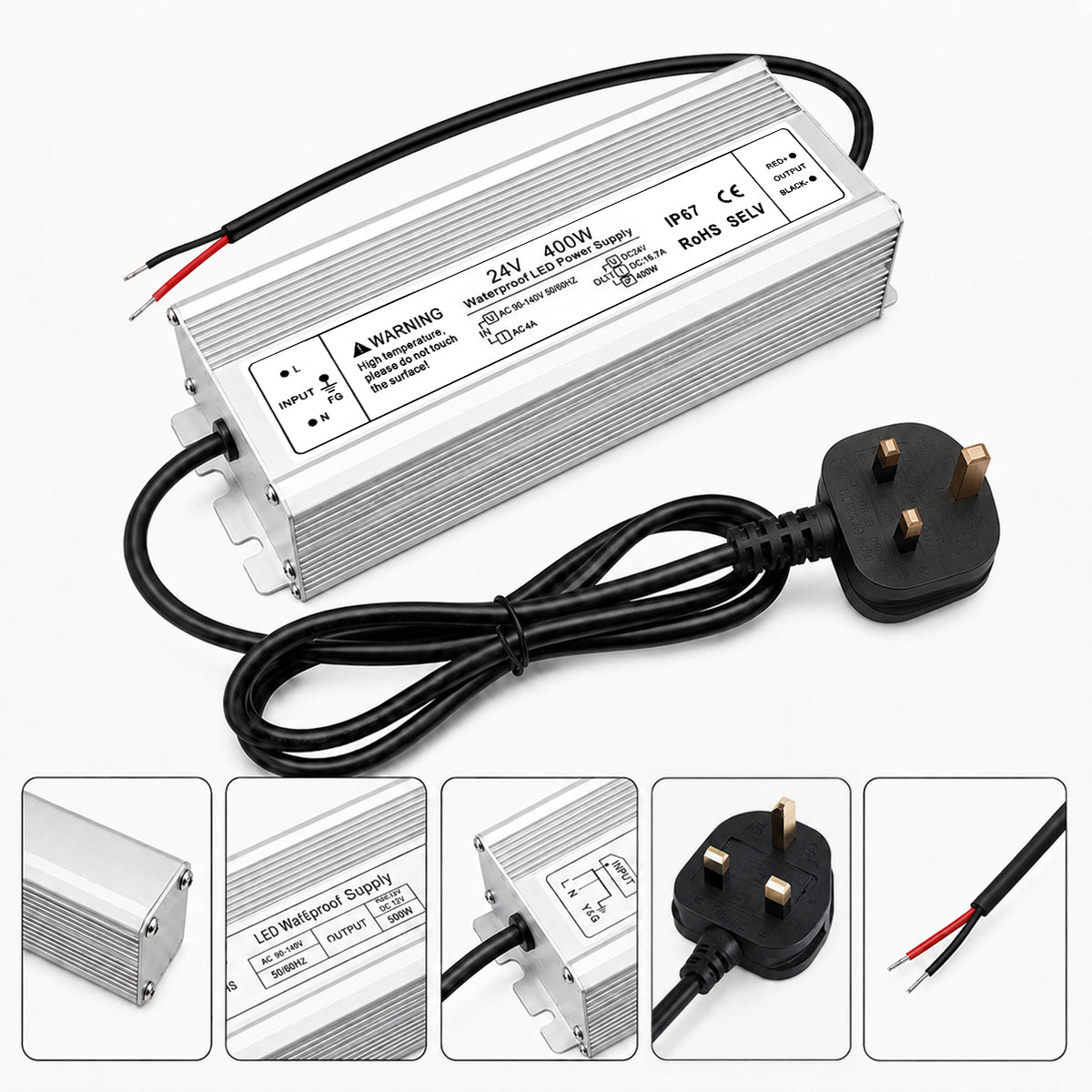 24V Outdoor Waterproof LED Power Supply 200W–500W, 175–265V Input, Single/Dual Wire Output, Aluminum Housing, Landscape & Outdoor Lighting, CE/RoHS/FCC Certified, Waterproof Transformer for Outdoor Lighting, UK/EU Plug
