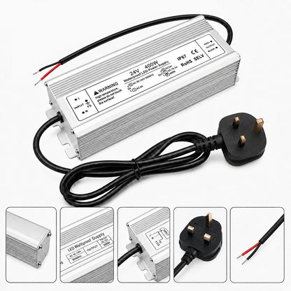 24V Outdoor Waterproof LED Power Supply 200W–500W, 175–265V Input, Single/Dual Wire Output, Aluminum Housing, Landscape & Outdoor Lighting, CE/RoHS/FCC Certified, Waterproof Transformer for Outdoor Lighting, UK/EU Plug