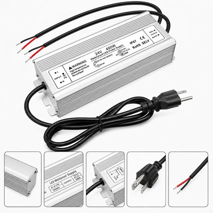 24V Outdoor Waterproof LED Power Supply 200W–500W, 90–140V Input, Single/Dual Wire Output, Aluminum Housing, Landscape & Outdoor Lighting, CE/RoHS/FCC Certified, Waterproof Transformer for Outdoor Lighting, US Plug