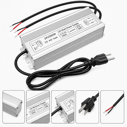24V Outdoor Waterproof LED Power Supply 200W–500W, 90–140V Input, Single/Dual Wire Output, Aluminum Housing, Landscape & Outdoor Lighting, CE/RoHS/FCC Certified, Waterproof Transformer for Outdoor Lighting, US Plug
