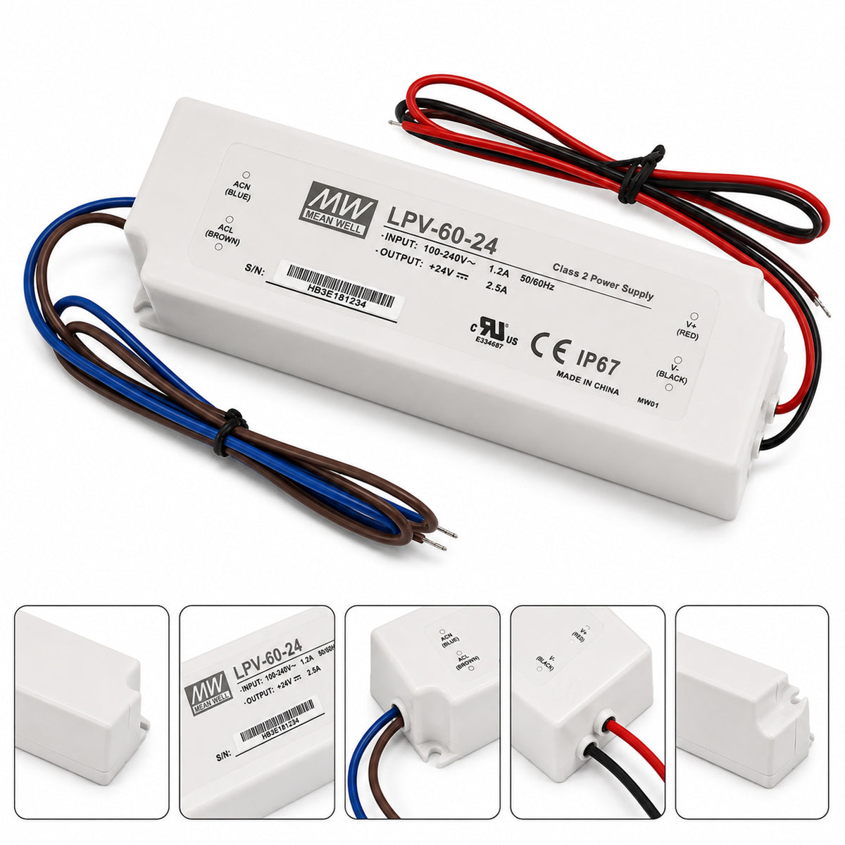 MEANWELL LPV Series 12V/24V Outdoor IP67 Waterproof Switching Power Supply, Plastic Housing, 35W–150W, AC90-264V Input, UL/CE Certified, Landscape Lighting