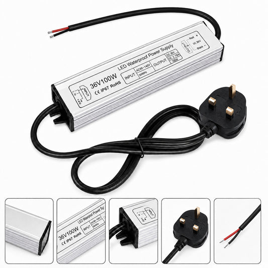 36V Outdoor Waterproof LED Power Supply 100W–400W, 175–265V Input, Single Wire Output, Aluminum Housing, Landscape & Outdoor Lighting, CE/RoHS/FCC Certified, Waterproof Transformer for Outdoor Lighting, UK/EU Plug