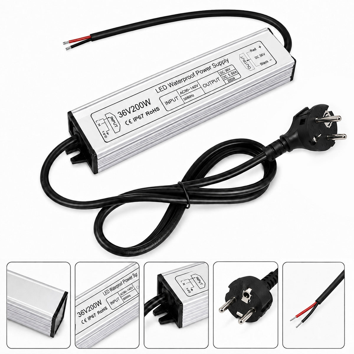 36V Outdoor Waterproof LED Power Supply 100W–400W, 175–265V Input, Single Wire Output, Aluminum Housing, Landscape & Outdoor Lighting, CE/RoHS/FCC Certified, Waterproof Transformer for Outdoor Lighting, UK/EU Plug