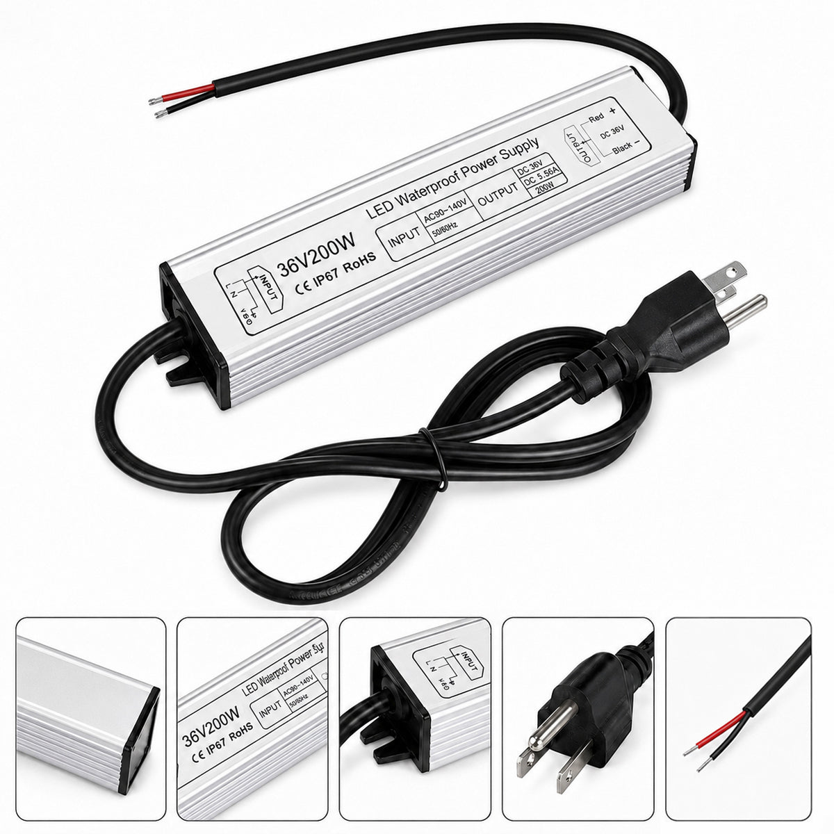 36V Outdoor Waterproof LED Power Supply 100W–400W, 90–140V Input, Single Wire Output, Aluminum Housing, Landscape & Outdoor Lighting, CE/RoHS/FCC Certified, Waterproof Transformer for Outdoor Lighting, US Plug