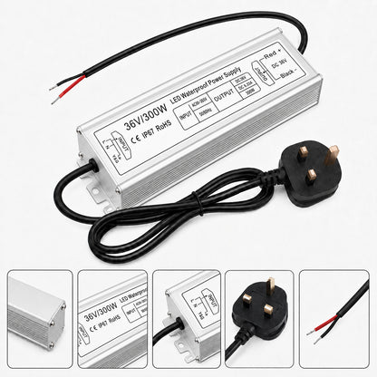36V Outdoor Waterproof LED Power Supply 100W–400W, 175–265V Input, Single Wire Output, Aluminum Housing, Landscape & Outdoor Lighting, CE/RoHS/FCC Certified, Waterproof Transformer for Outdoor Lighting, UK/EU Plug