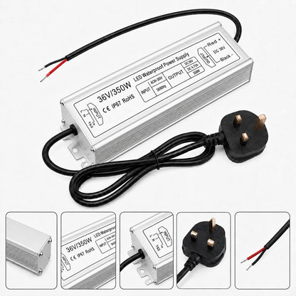 36V Outdoor Waterproof LED Power Supply 100W–400W, 175–265V Input, Single Wire Output, Aluminum Housing, Landscape & Outdoor Lighting, CE/RoHS/FCC Certified, Waterproof Transformer for Outdoor Lighting, UK/EU Plug