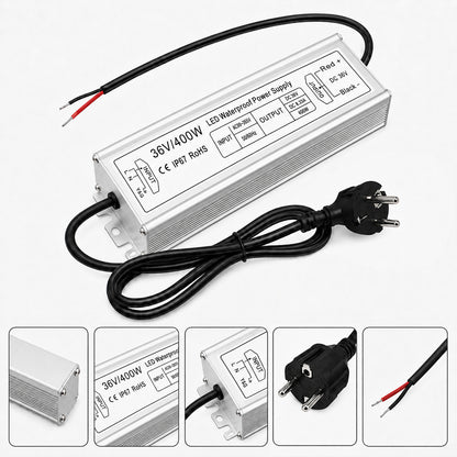 36V Outdoor Waterproof LED Power Supply 100W–400W, 175–265V Input, Single Wire Output, Aluminum Housing, Landscape & Outdoor Lighting, CE/RoHS/FCC Certified, Waterproof Transformer for Outdoor Lighting, UK/EU Plug