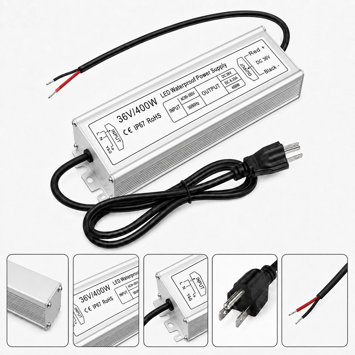 36V Outdoor Waterproof LED Power Supply 100W–400W, 90–140V Input, Single Wire Output, Aluminum Housing, Landscape & Outdoor Lighting, CE/RoHS/FCC Certified, Waterproof Transformer for Outdoor Lighting, US Plug
