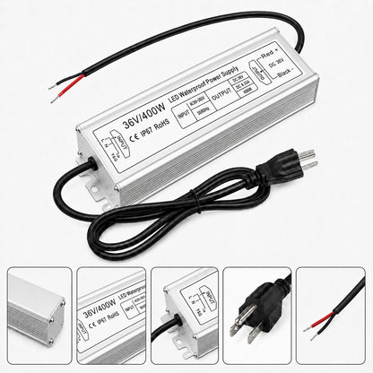 36V Outdoor Waterproof LED Power Supply 100W–400W, 90–140V Input, Single Wire Output, Aluminum Housing, Landscape & Outdoor Lighting, CE/RoHS/FCC Certified, Waterproof Transformer for Outdoor Lighting, US Plug