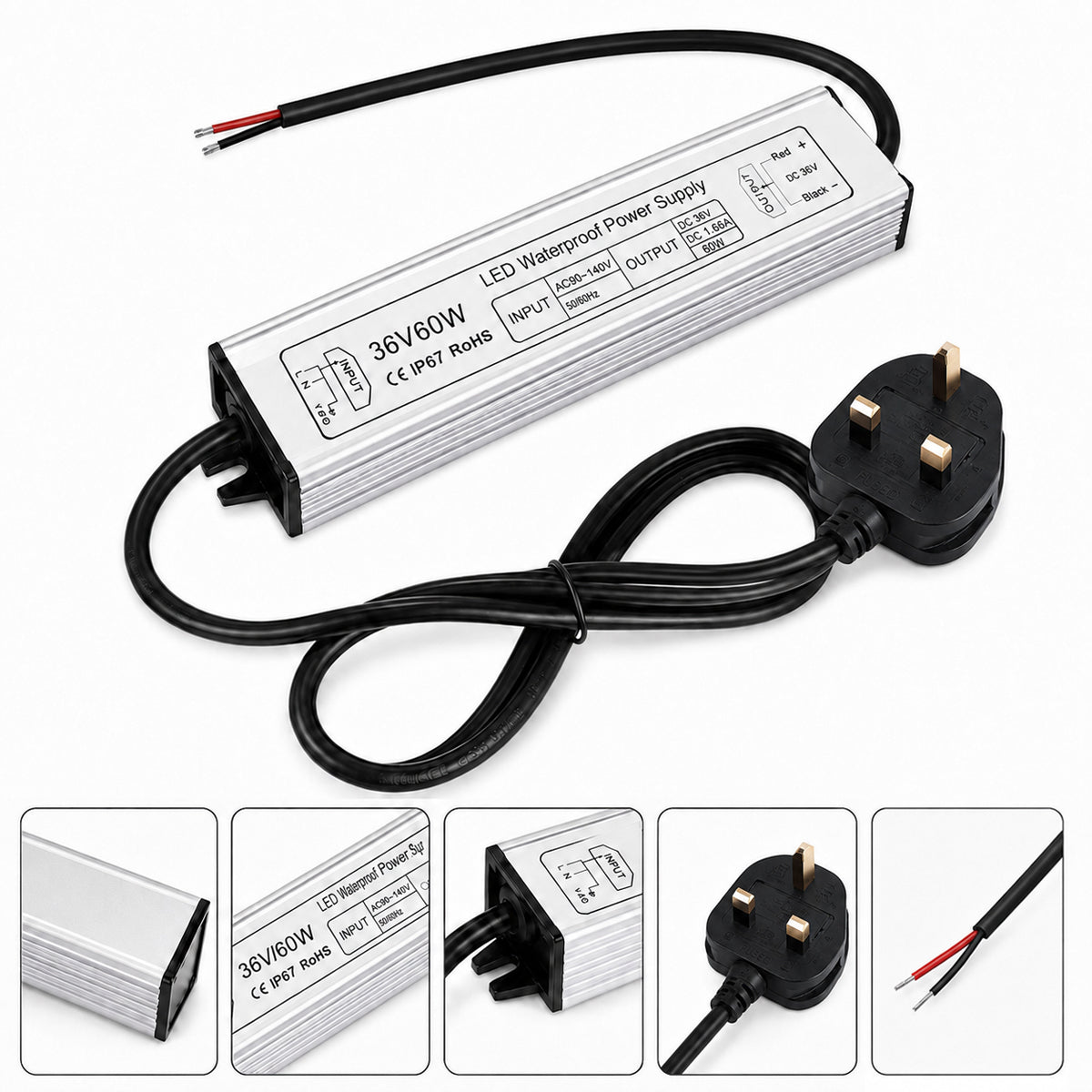 36V Outdoor Waterproof LED Power Supply 60W–80W, 90–265V Input, Single Wire Output, Aluminum Housing, Landscape & Outdoor Lighting, CE/RoHS/FCC Certified, Waterproof Transformer for Outdoor Lighting, US/UK/EU Plug