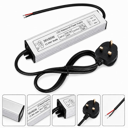 36V Outdoor Waterproof LED Power Supply 60W–80W, 90–265V Input, Single Wire Output, Aluminum Housing, Landscape & Outdoor Lighting, CE/RoHS/FCC Certified, Waterproof Transformer for Outdoor Lighting, US/UK/EU Plug