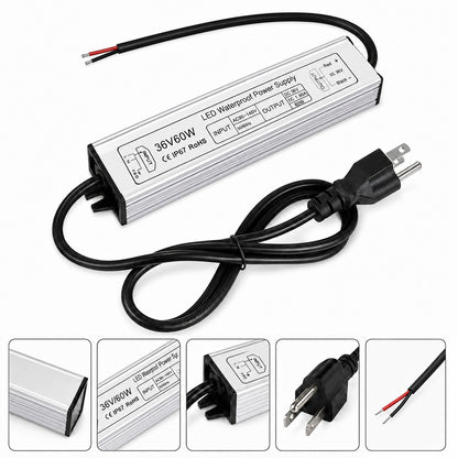 36V Outdoor Waterproof LED Power Supply 60W–80W, 90–265V Input, Single Wire Output, Aluminum Housing, Landscape & Outdoor Lighting, CE/RoHS/FCC Certified, Waterproof Transformer for Outdoor Lighting, US/UK/EU Plug