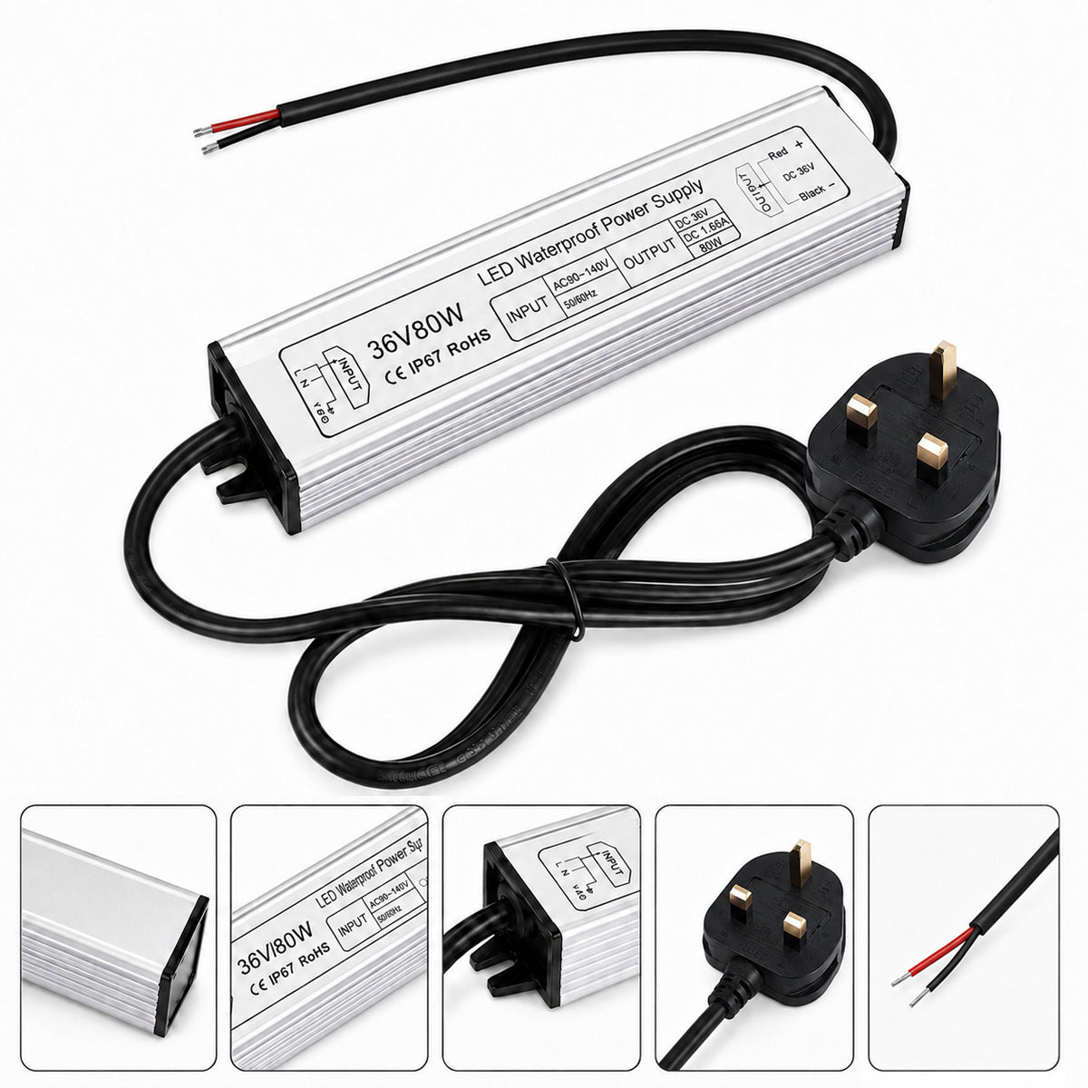 36V Outdoor Waterproof LED Power Supply 60W–80W, 90–265V Input, Single Wire Output, Aluminum Housing, Landscape & Outdoor Lighting, CE/RoHS/FCC Certified, Waterproof Transformer for Outdoor Lighting, US/UK/EU Plug
