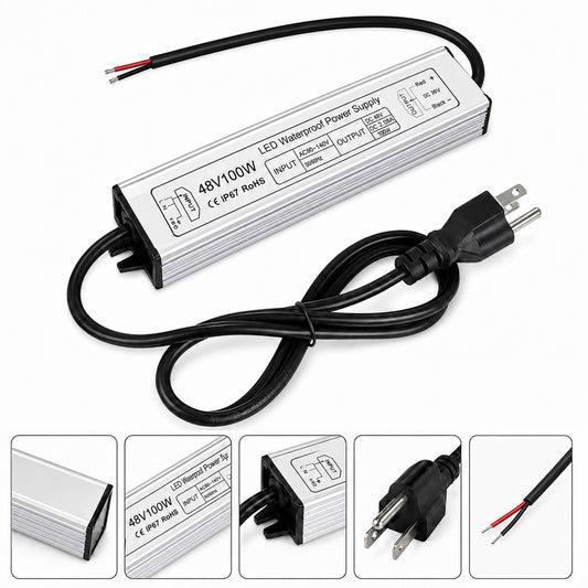 48V Outdoor Waterproof LED Power Supply 100W–400W, 90–140V Input, Single Wire Output, Aluminum Housing, Landscape & Outdoor Lighting, CE/RoHS/FCC Certified, Waterproof Transformer for Outdoor Lighting, US Plug