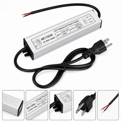 48V Outdoor Waterproof LED Power Supply 100W–400W, 90–140V Input, Single Wire Output, Aluminum Housing, Landscape & Outdoor Lighting, CE/RoHS/FCC Certified, Waterproof Transformer for Outdoor Lighting, US Plug