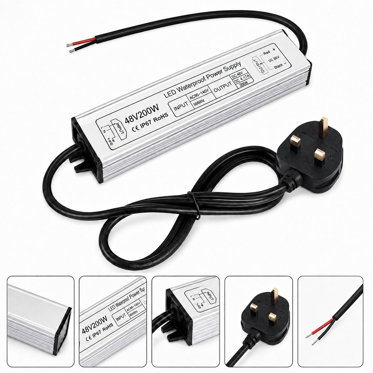 48V Outdoor Waterproof LED Power Supply 100W–400W, 175–265V Input, Single Wire Output, Aluminum Housing, Landscape & Outdoor Lighting, CE/RoHS/FCC Certified, Waterproof Transformer for Outdoor Lighting, UK/EU Plug