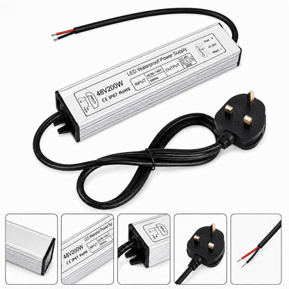 48V Outdoor Waterproof LED Power Supply 100W–400W, 175–265V Input, Single Wire Output, Aluminum Housing, Landscape & Outdoor Lighting, CE/RoHS/FCC Certified, Waterproof Transformer for Outdoor Lighting, UK/EU Plug