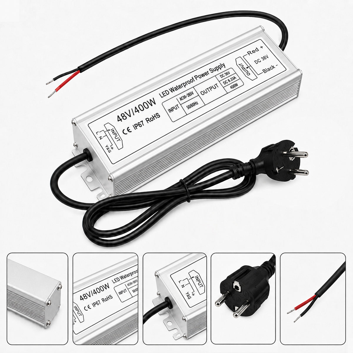 48V Outdoor Waterproof LED Power Supply 100W–400W, 175–265V Input, Single Wire Output, Aluminum Housing, Landscape & Outdoor Lighting, CE/RoHS/FCC Certified, Waterproof Transformer for Outdoor Lighting, UK/EU Plug