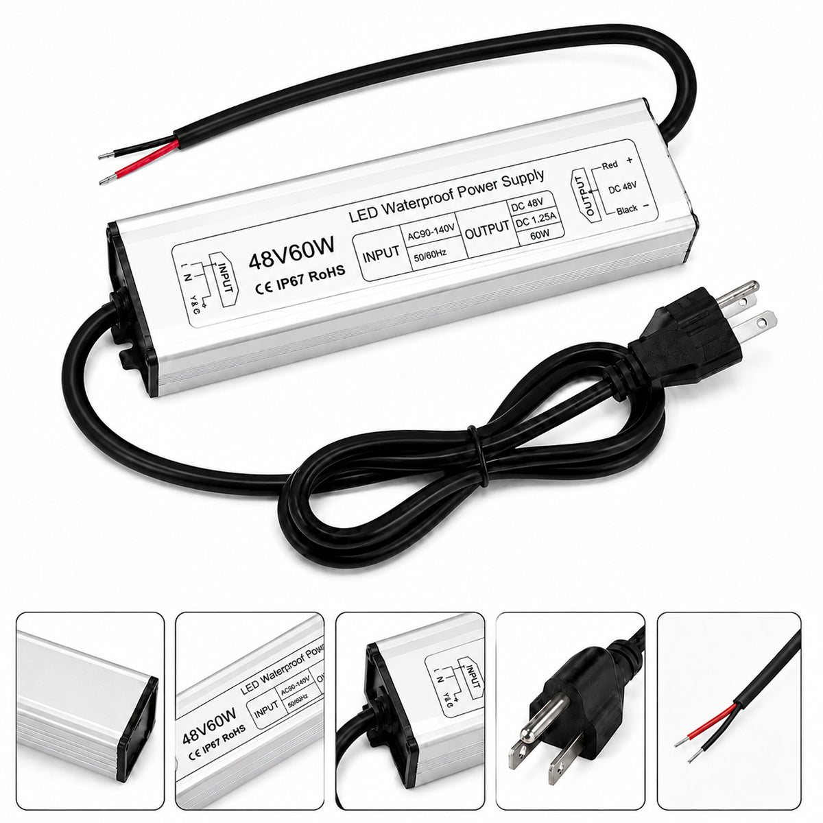 48V Outdoor Waterproof LED Power Supply 60W–80W, 90–265V Input, Single Wire Output, Aluminum Housing, Landscape & Outdoor Lighting, CE/RoHS/FCC Certified, Waterproof Transformer for Outdoor Lighting, US/UK/EU Plug