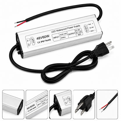48V Outdoor Waterproof LED Power Supply 60W–80W, 90–265V Input, Single Wire Output, Aluminum Housing, Landscape & Outdoor Lighting, CE/RoHS/FCC Certified, Waterproof Transformer for Outdoor Lighting, US/UK/EU Plug