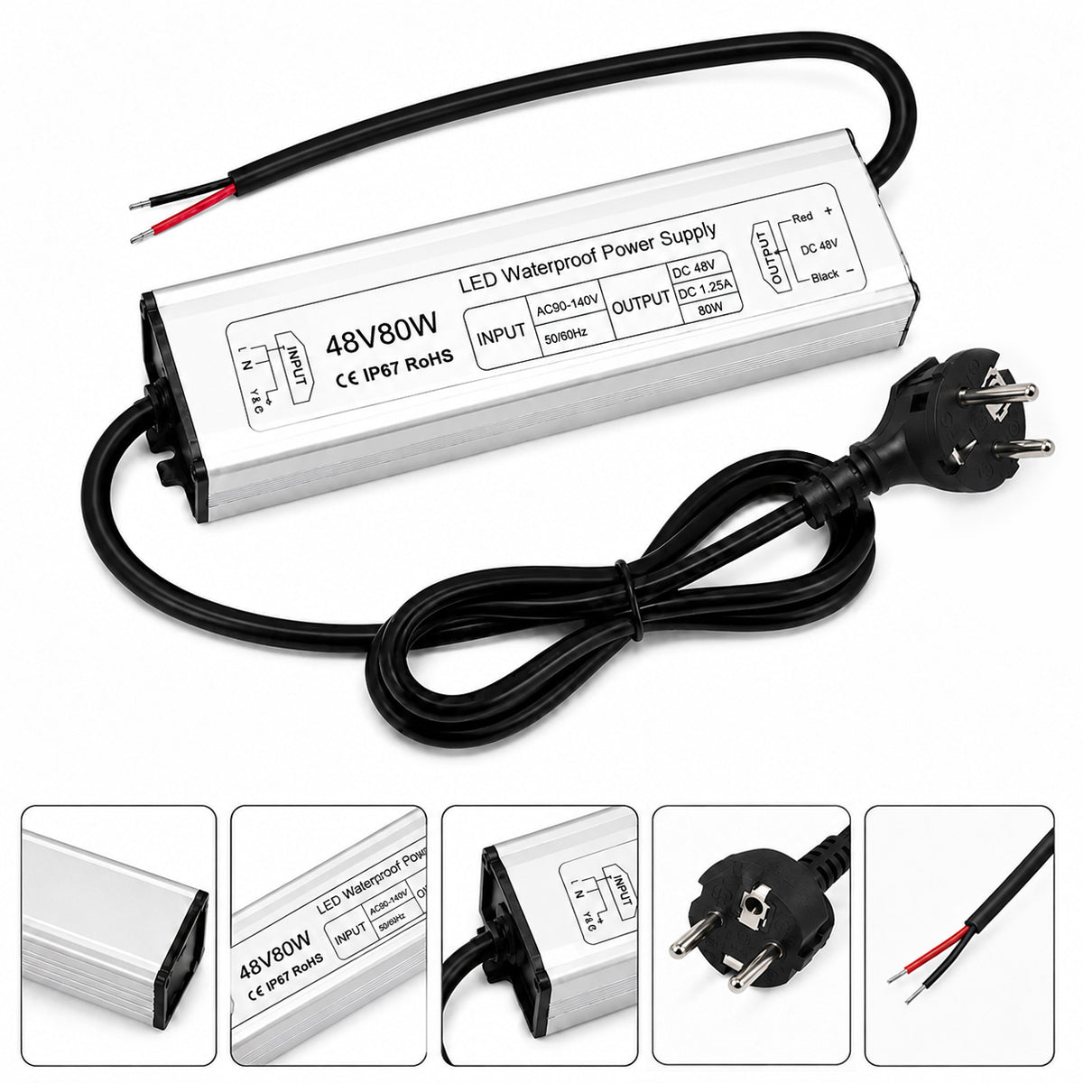 48V Outdoor Waterproof LED Power Supply 60W–80W, 90–265V Input, Single Wire Output, Aluminum Housing, Landscape & Outdoor Lighting, CE/RoHS/FCC Certified, Waterproof Transformer for Outdoor Lighting, US/UK/EU Plug