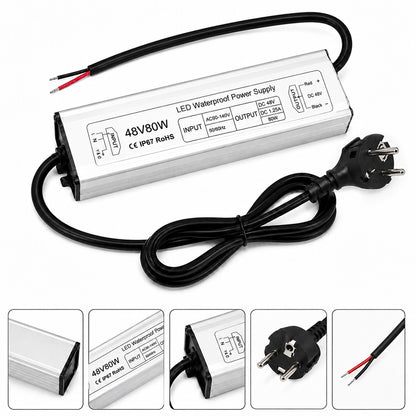 48V Outdoor Waterproof LED Power Supply 60W–80W, 90–265V Input, Single Wire Output, Aluminum Housing, Landscape & Outdoor Lighting, CE/RoHS/FCC Certified, Waterproof Transformer for Outdoor Lighting, US/UK/EU Plug