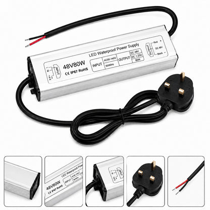 48V Outdoor Waterproof LED Power Supply 60W–80W, 90–265V Input, Single Wire Output, Aluminum Housing, Landscape & Outdoor Lighting, CE/RoHS/FCC Certified, Waterproof Transformer for Outdoor Lighting, US/UK/EU Plug
