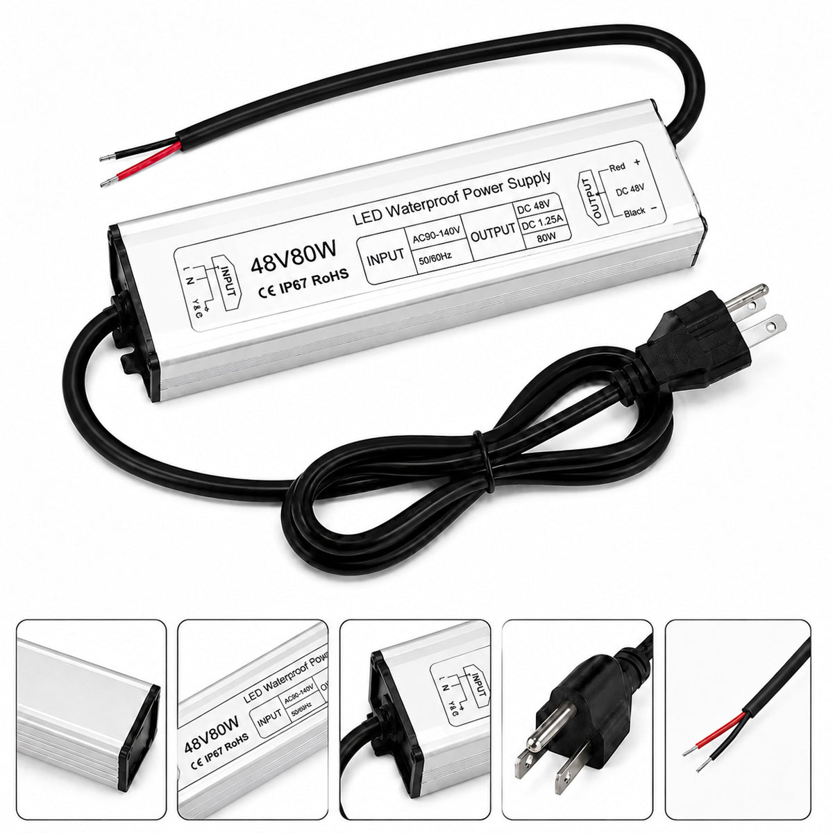 48V Outdoor Waterproof LED Power Supply 60W–80W, 90–265V Input, Single Wire Output, Aluminum Housing, Landscape & Outdoor Lighting, CE/RoHS/FCC Certified, Waterproof Transformer for Outdoor Lighting, US/UK/EU Plug