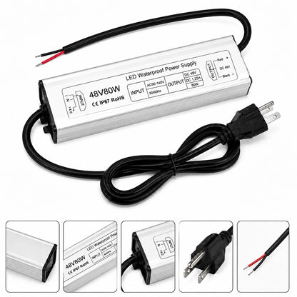 48V Outdoor Waterproof LED Power Supply 60W–80W, 90–265V Input, Single Wire Output, Aluminum Housing, Landscape & Outdoor Lighting, CE/RoHS/FCC Certified, Waterproof Transformer for Outdoor Lighting, US/UK/EU Plug