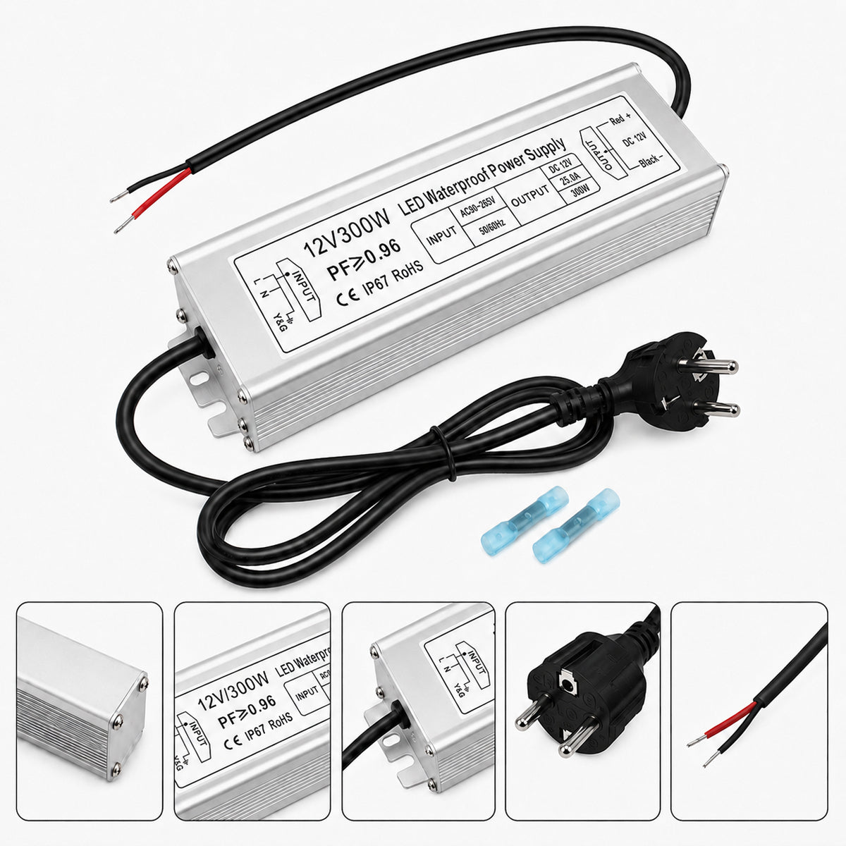 12V Outdoor Waterproof LED Power Supply 300W, 90–265V Input, Single/Dual/Triple Wire Output, Aluminum Housing, Landscape & Outdoor Lighting, CE/RoHS/FCC Certified, Waterproof Transformer for Outdoor Lighting, US /UK/EU Plug
