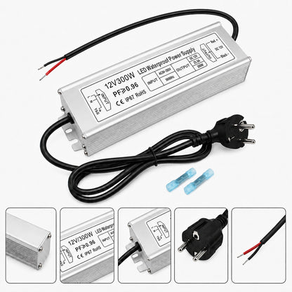 12V Outdoor Waterproof LED Power Supply 300W, 90–265V Input, Single/Dual/Triple Wire Output, Aluminum Housing, Landscape & Outdoor Lighting, CE/RoHS/FCC Certified, Waterproof Transformer for Outdoor Lighting, US /UK/EU Plug