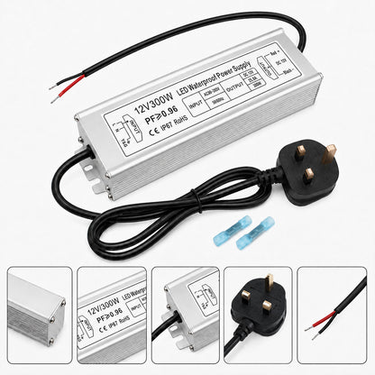 12V Outdoor Waterproof LED Power Supply 300W, 90–265V Input, Single/Dual/Triple Wire Output, Aluminum Housing, Landscape & Outdoor Lighting, CE/RoHS/FCC Certified, Waterproof Transformer for Outdoor Lighting, US /UK/EU Plug