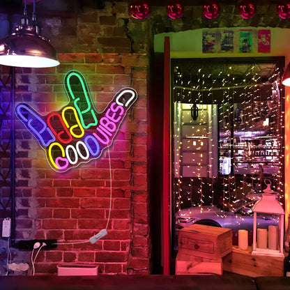 LightingWill "Good Vibes" Neon Sign – Dimmable LED Finger Light, USB Powered Wall Decor for Game Rooms, Bars, Weddings & More