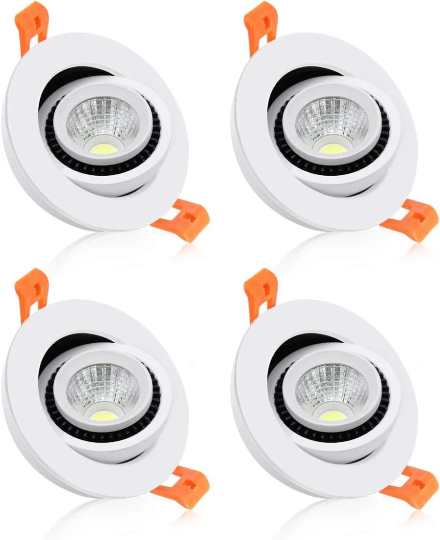 5W Adjustable Gimbal COB LED Downlight - 2700K–6000K - White Housing - TRIAC Dimmable - 100–130V / 200–240V AC - 4-Pack - Accent & Display Lighting