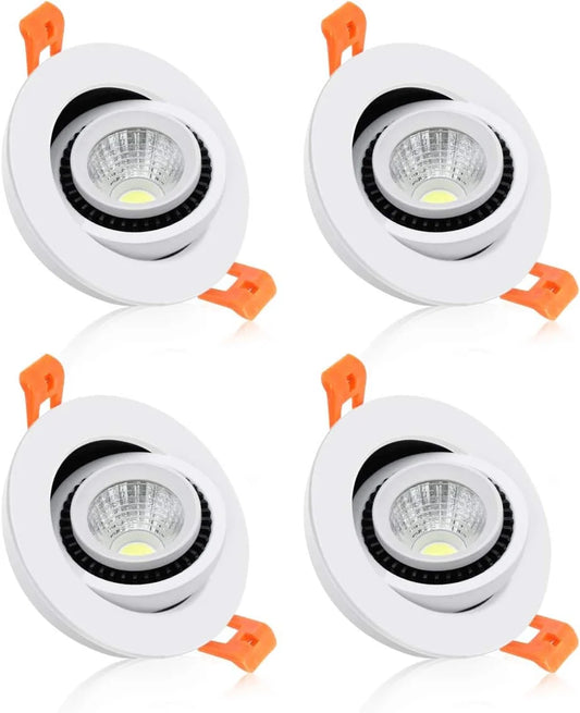 3W Adjustable Gimbal COB LED Downlight - 2700K–6000K - White Housing - TRIAC Dimmable - 100–130V / 200–240V AC - 4-Pack - Bright Task Lighting