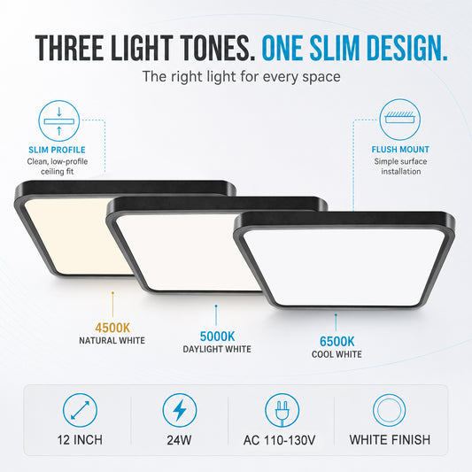 inShareplus 12 Zoll quadratische LED-Deckenleuchte, 3200 lm, 24 W, 5000 K Tageslicht, superhelle Deckenleuchten, weiße LED-Lampe zur Unterputzmontage, Einbauleuchten für Küche, Bad, Schlafzimmer, Flur, Büro, Garage 