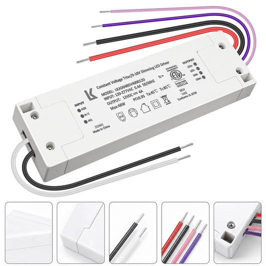 48W 12V DC Plastic Case 5-in-1 Dimmable LED Power Supply, ETL Listed, AC 120-277V Input, LED Power Supply for LED Strip Lights / Home Lighting / DIY Lighting Projects